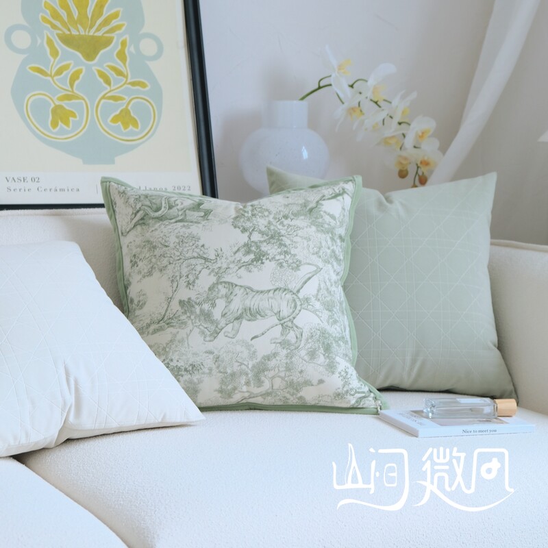 绿色法式美式复古ins风靠垫客厅沙发H抱枕民宿靠枕奶油色靠枕靠包