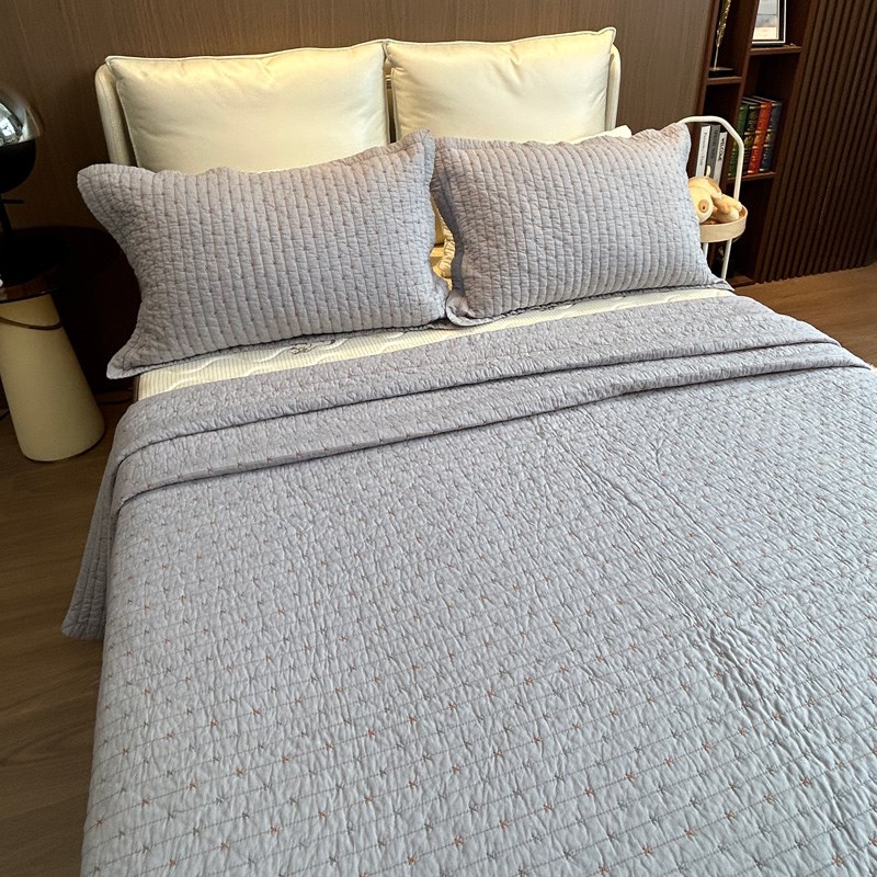 韩式X字绣纯棉床盖三件套双面全棉纯色衍缝M被柔软酵素洗夹棉床单