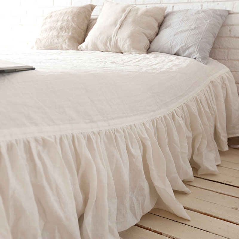 纯亚麻床c裙美式乡村单件裙式床单荷叶边保护床罩