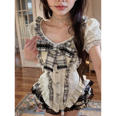 幕夜蔷薇 蕾丝收腰短袖上衣格纹蕾丝短裤裙套装甜辣小众设计感女