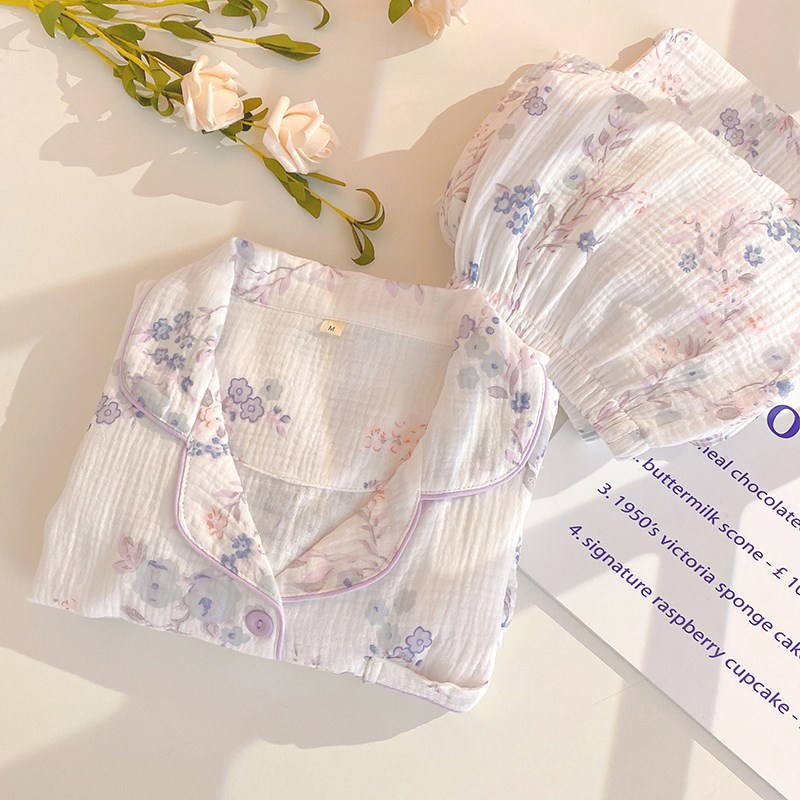 三件套睡衣女款纯棉纱布短袖长裤家居服春夏季新款双层棉纱可外穿