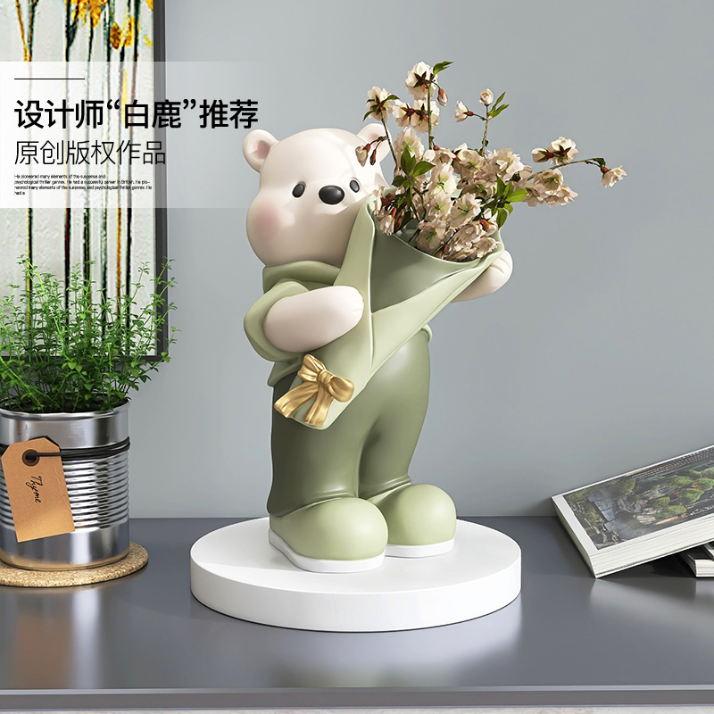轻奢熊捧花摆件软装饰品客厅餐桌儿童房入户玄关生日礼物乔迁礼品