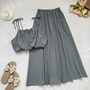 夏季百搭系带花苞短款吊带背心上衣+松紧腰中长款半身裙两件套女