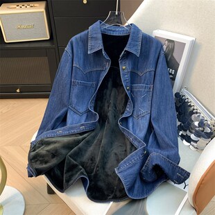 深蓝色加绒保暖牛仔衬衫女秋冬新款时尚宽松休闲叠穿加厚打底衬衣