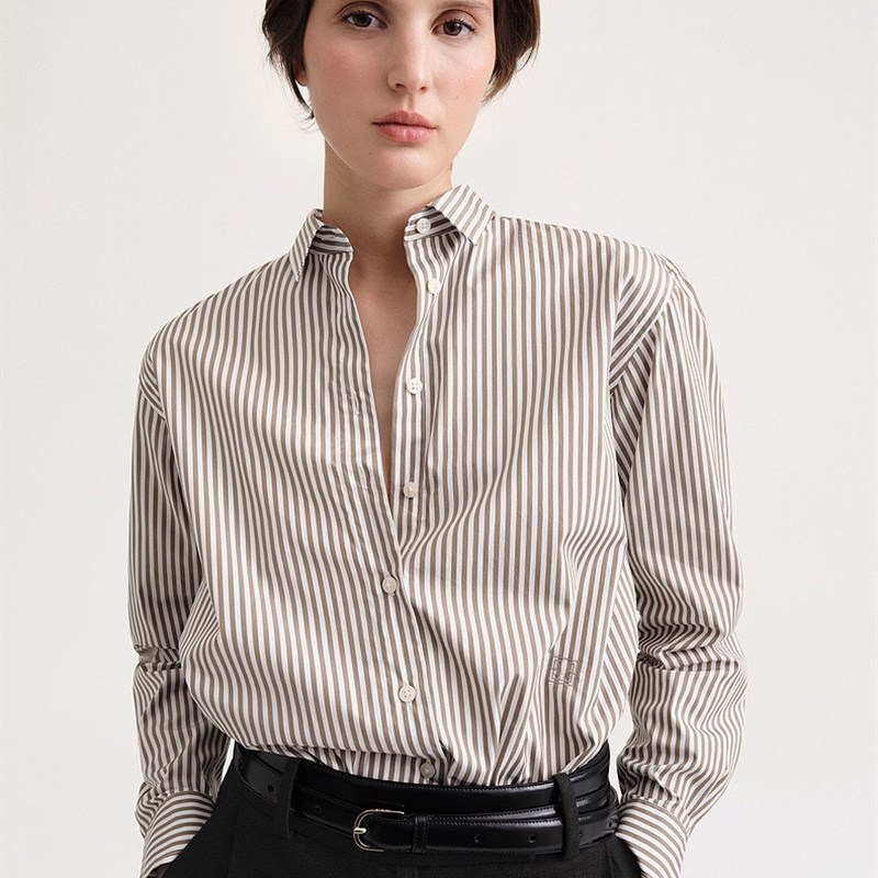Tot*m23 新款条纹衬衫女纯棉前短后长男友风宽松长袖衬衣