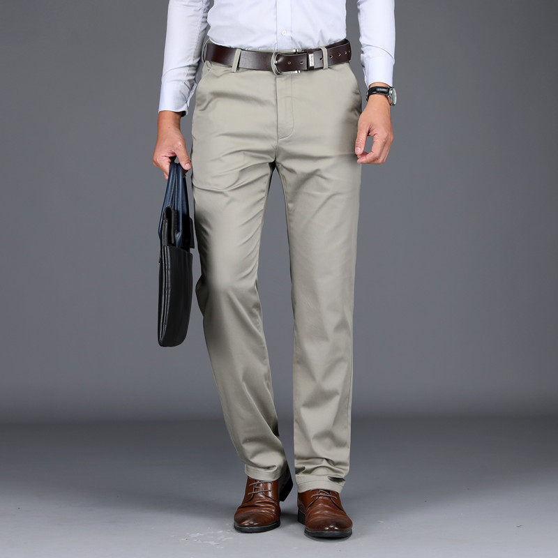 老爷车男士休闲裤中年男裤子纯白色免熨烫直筒秋冬厚款弹力棉长裤