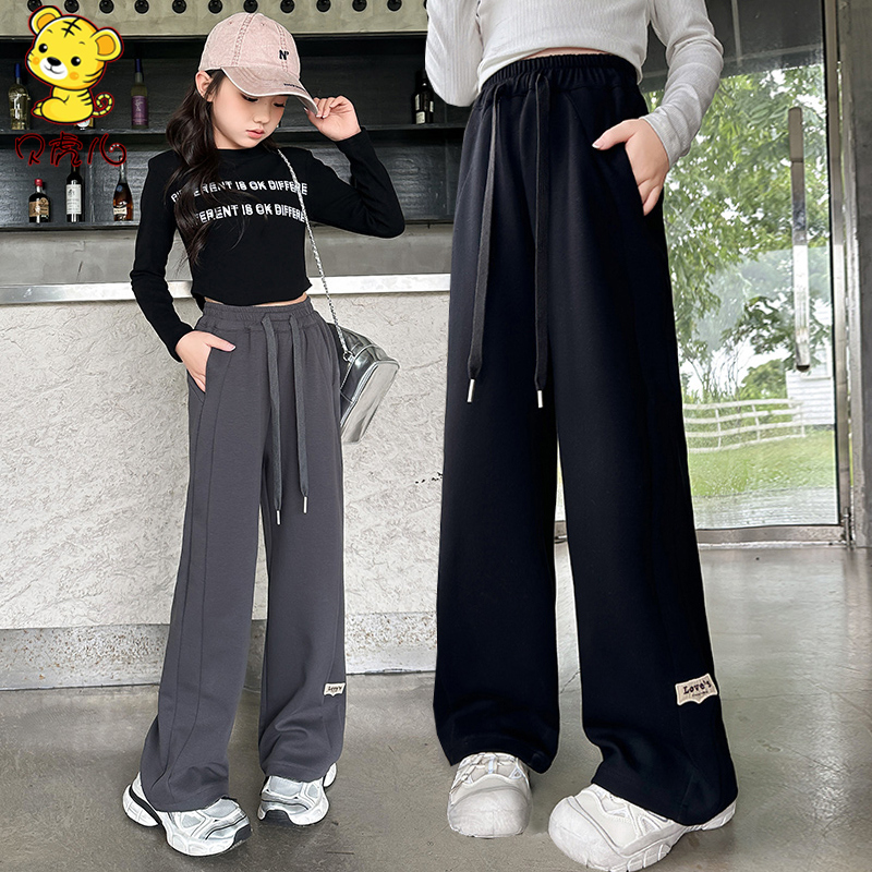 女童裤子春秋外穿2024新款中大童卫裤女孩休闲阔腿长裤儿童直筒裤
