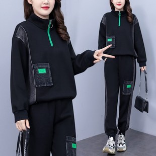 冬季加绒加厚时尚套装女大码宽松立领卫衣绒拼接牛仔裤子两件套服