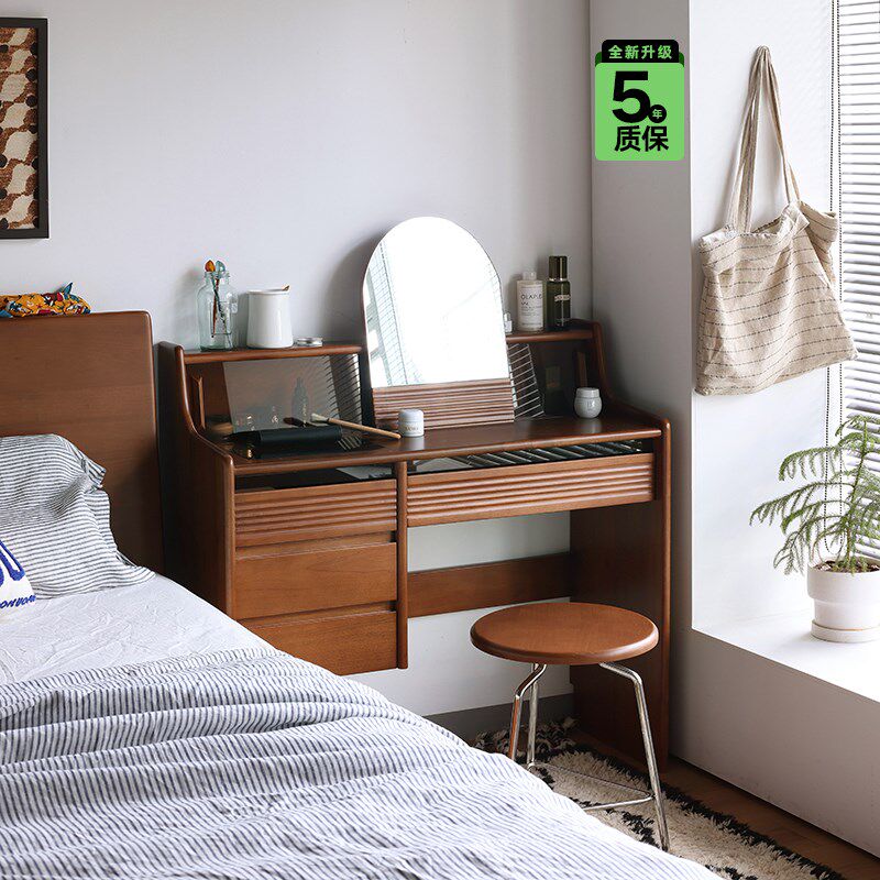 实木梳妆台北欧小户型黄杨木化妆台化妆桌中古书桌卧室日式收纳柜