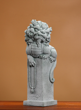 国潮风大号青砂石盘龙柱麒麟摆件创意家居客厅玄关庭院造景装饰品