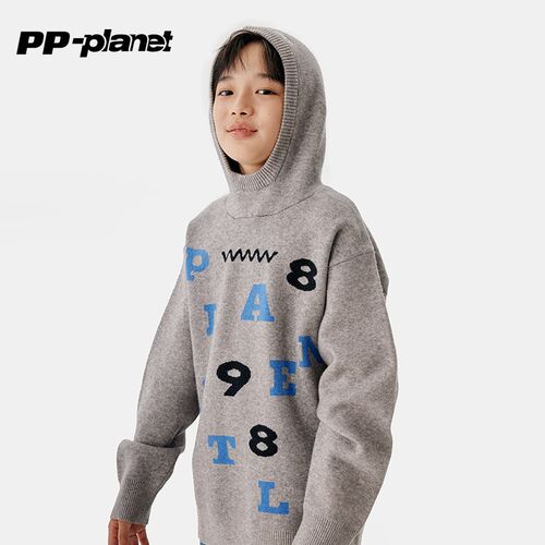 PP星球新款男童套头连帽开衫毛衣秋冬款儿童中大童针织外套