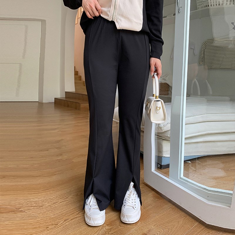 裤子胖mm欧美风大码女装夏锦棉罗马薄款开叉微喇叭巨显瘦高腰长裤