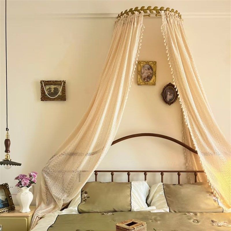 新款中古风床幔蕾丝流苏床头纱幔装饰法式复古米色美式简约带架子