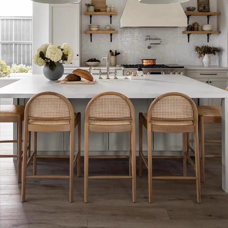 实木藤编吧台椅简约酒吧椅家用岛台椅侘寂风吧台高脚凳前台高脚椅