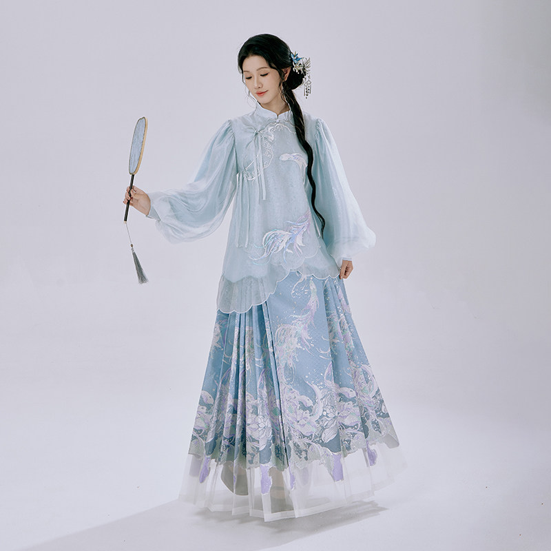 月渺境清波灵鱼马面裙套装女2026春新款明制汉服新中式日常蓝色