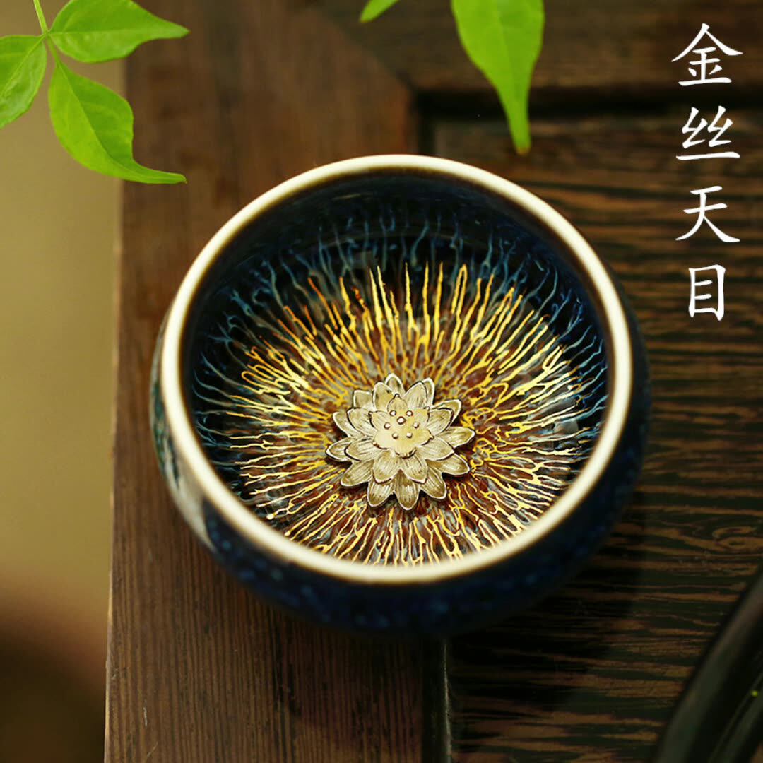 金丝天目釉建盏茶杯兔毫盏镶银主人杯窑变单杯十二生肖银杯陶瓷杯