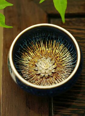 金丝天目釉建盏茶杯兔毫盏镶银主人杯窑变单杯十二生肖银杯陶瓷杯