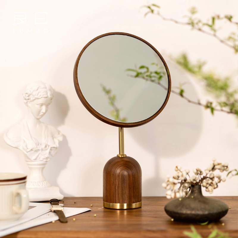 良白/桂月梳妆镜/黑胡桃樱桃实木质台式卧室桌面复古创意化妆镜子