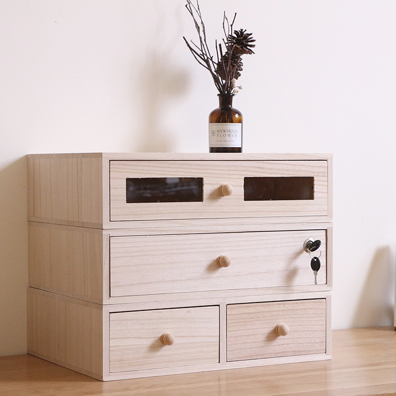 办公室桌面带锁收纳盒抽屉式实木A4文件袋储O物盒电脑显示器增高