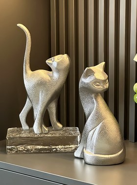 高级感设计艺f术姿态猫摆件侘寂风客厅玄关电视柜复古摆设软装装
