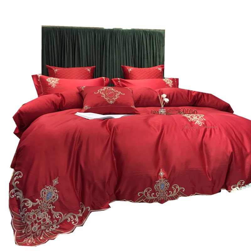 高档奢华欧式贡缎全棉婚庆四件套大红色纯棉床单R刺绣结婚床上用