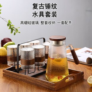 玻璃杯家用套装耐高温带把喝水杯子锤纹高级P感客厅待客茶杯杯具
