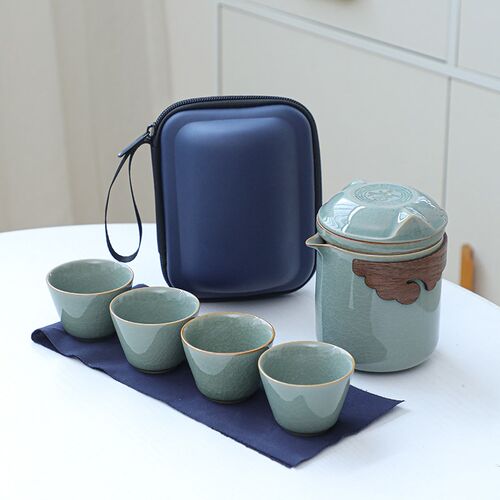哥窑便携式开片旅行茶具小套装泡茶壶F户外包露营游随身出差快客