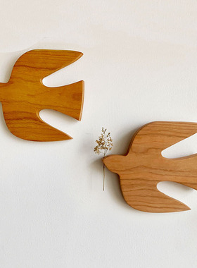 樱桃木鸟挂件墙壁挂饰日式纯实木装G饰手工家居工艺品温馨氛围感