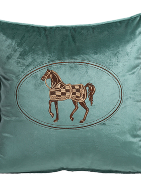 美式轻奢高档绒布刺绣马抱枕样板间展厅沙发奢P华蓝黄色靠垫抱枕