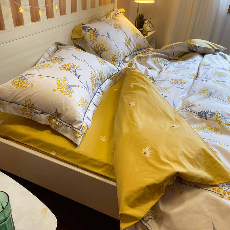 一叶知秋 轻美式纯棉四件套 枇杷姜黄全棉精梳棉R双人加大被套2m