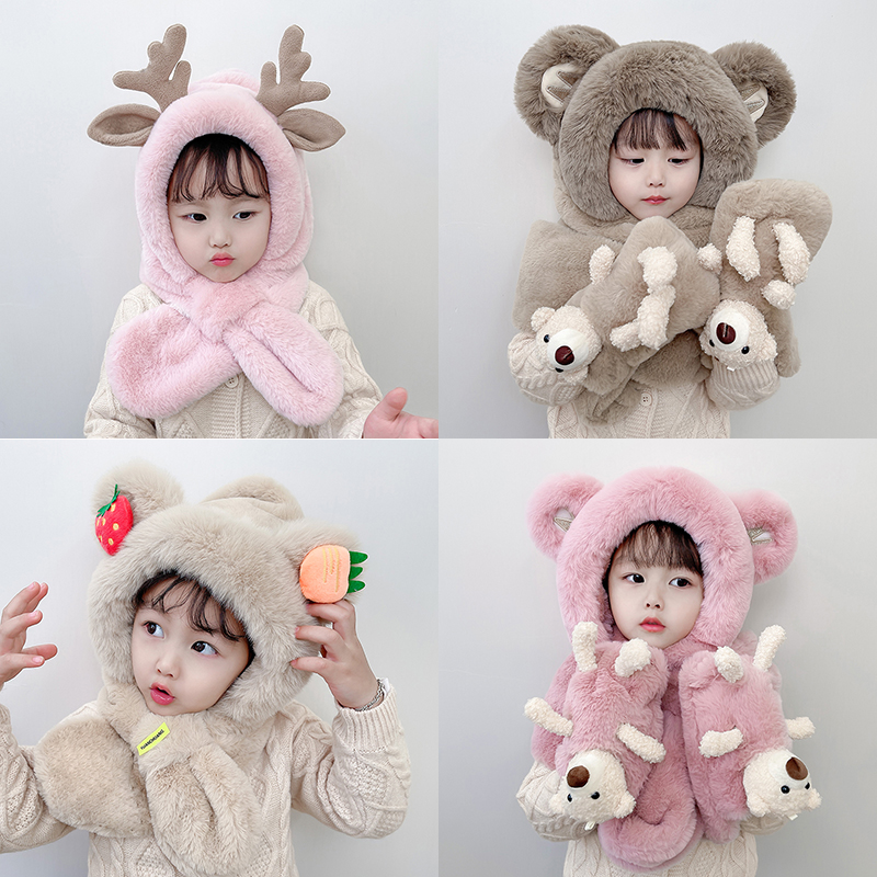 女童帽子围巾一体围脖手套三件套儿童秋冬款公主护耳冬季21新款潮
