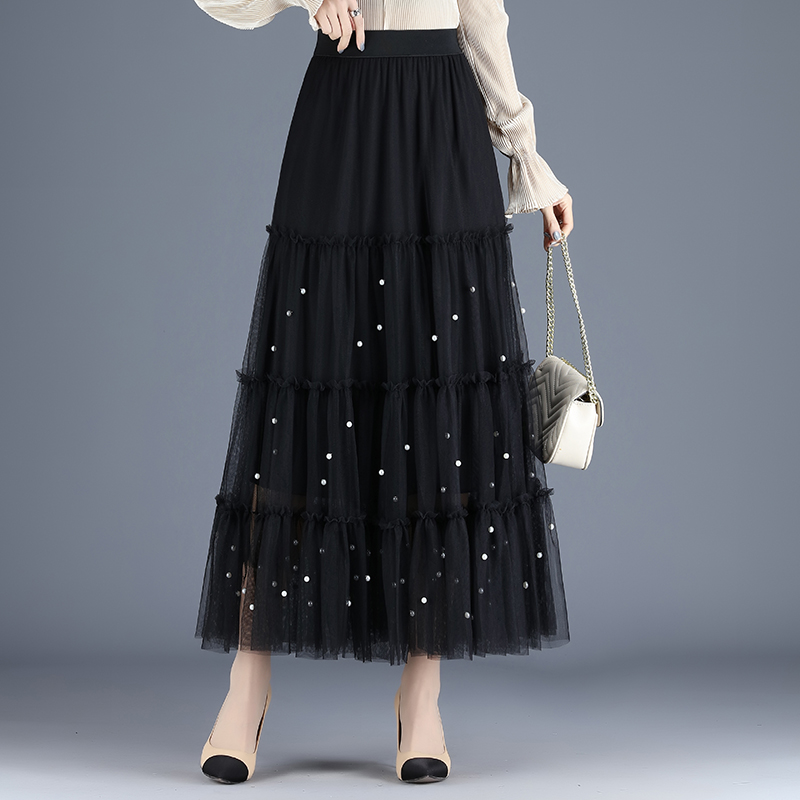 纱裙仙女裙春款女装2021年新款半身中长高腰秋冬a字蛋糕长裙钉珠