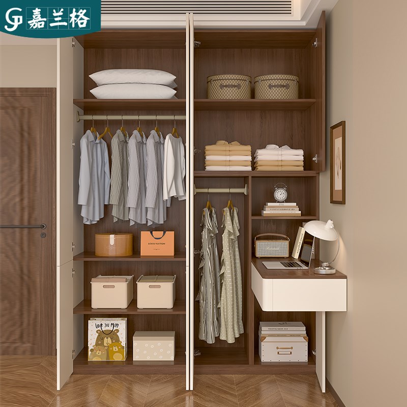 奶油中古风衣柜家用卧室连书桌一体组合大容量衣橱悬浮梳妆台9A51