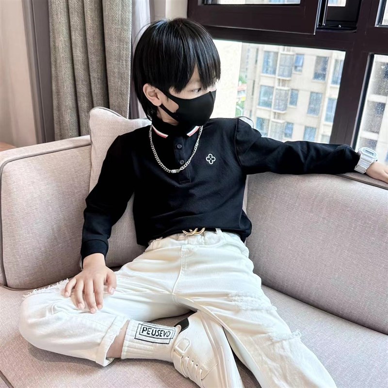 童装24秋装男童翻领纯棉POLO衫中大童休闲洋气小花百搭T恤打底衫