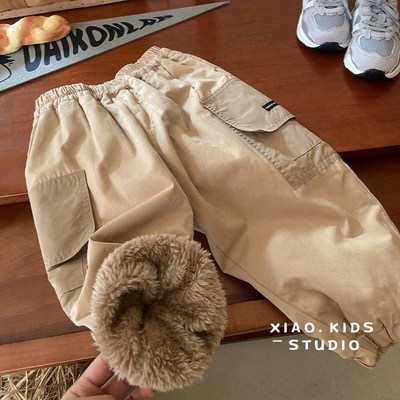 加厚长毛绒~儿童冬季卡其色口袋工装休闲裤男童秋冬保暖裤子棉裤