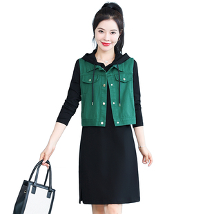 显瘦连帽休闲时尚 长袖 新款 2021年春秋装 背心两件套裙子 连衣裙女装