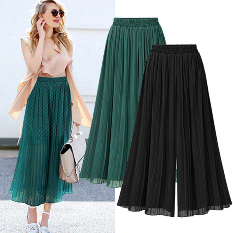 加肥加大码女装胖mm九分雪纺阔腿裤夏中年妈妈垂感宽腿裤百褶裤裙