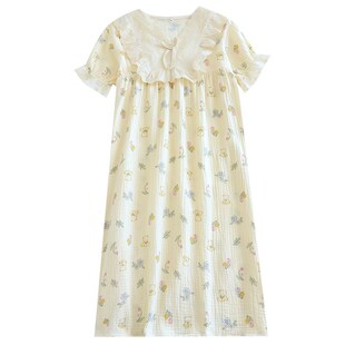 公主风花边睡衣女纱布夏季 蕾丝长裙 短袖 甜美睡裙女家居服薄款