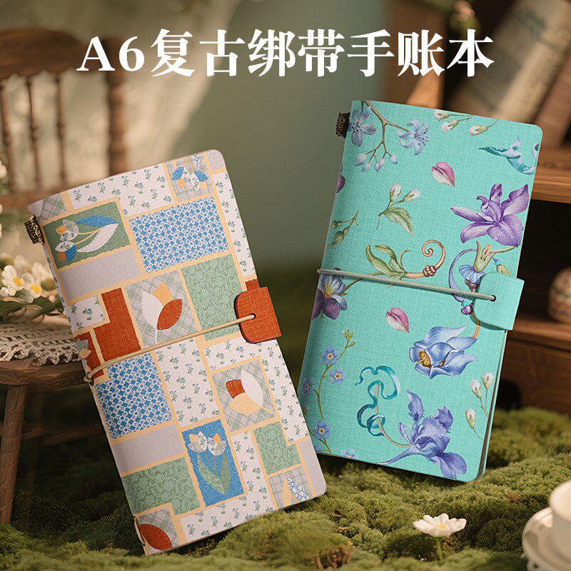 A6复古碎花布艺绑带手账本学生随身便携笔记本记事本加厚小口袋本
