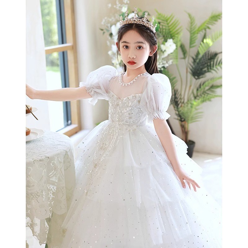 女童礼服儿童主持人生日走秀2024新款白色公主裙小女孩钢琴演出服