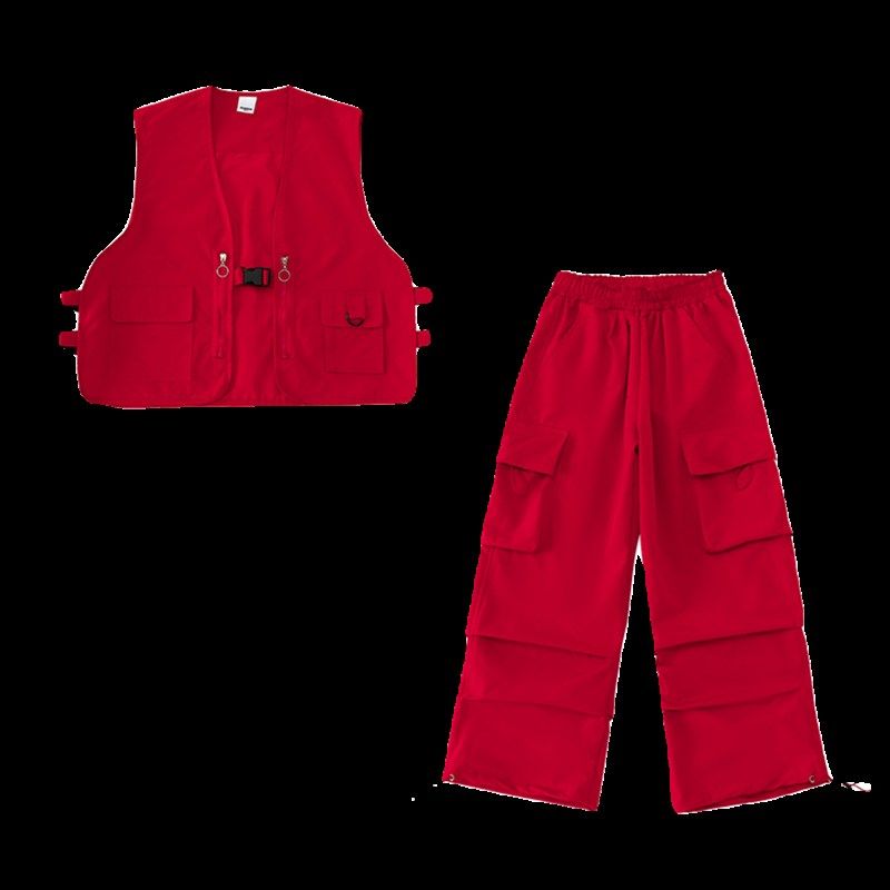 儿童街舞演出服马甲套装红色喜庆元旦表演服酷帅架子鼓男女童走秀