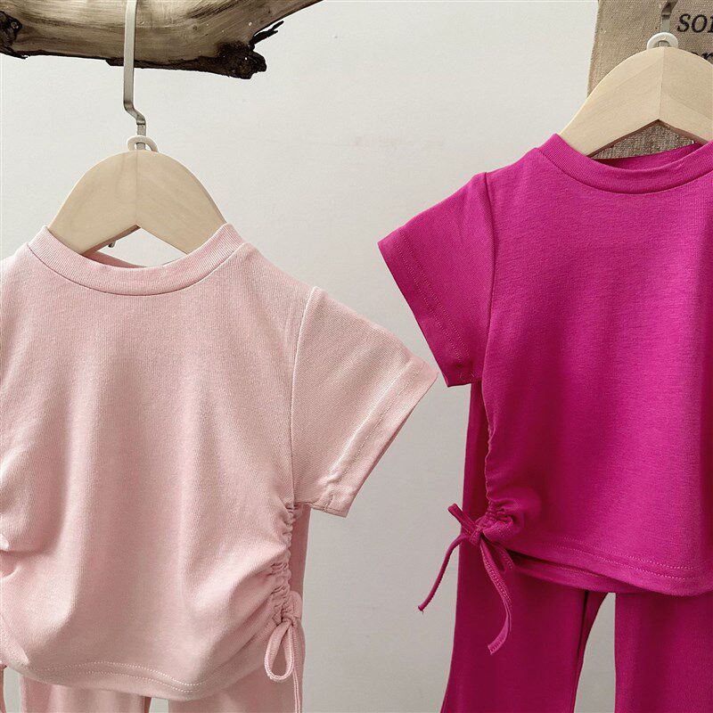 女童短袖时髦套装2024夏季宝宝抽绳绑带T恤+喇叭长裤纯棉两件套潮