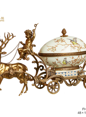 凤凰美居奢华陶瓷配铜金色小鹿拉车储物盒带盖别墅客厅茶几摆件