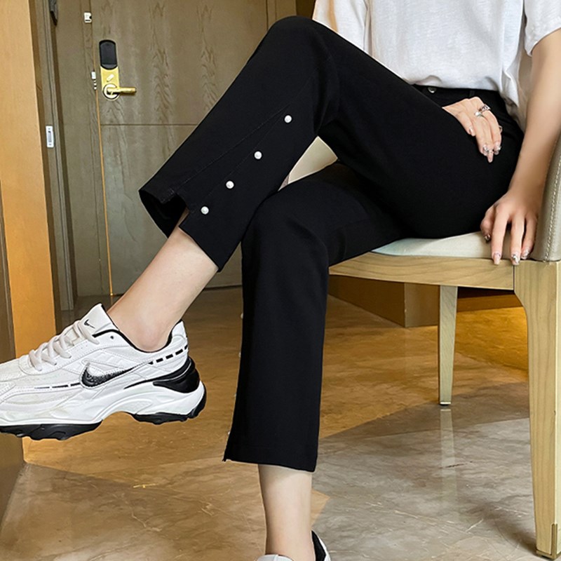 高腰微喇小黑裤女春秋款啦喇叭裤小个子直筒微辣裤黑色九分烟管裤