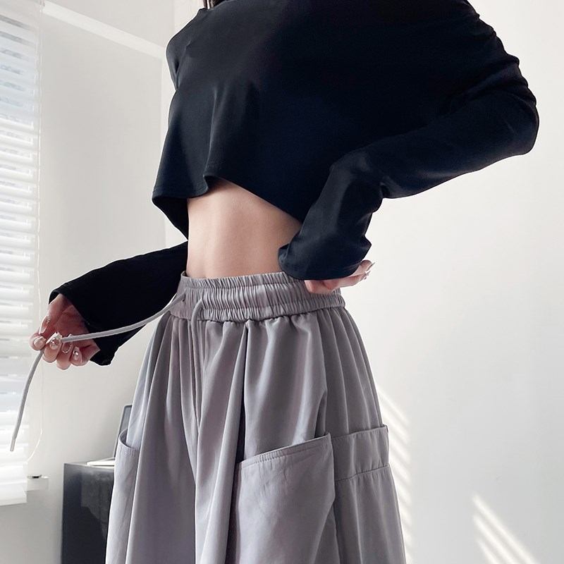 工装阔腿裤女秋季胖mm高腰抽绳拖地裤子大码宽松遮腹显瘦休闲裤