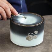 黑陶烟灰缸创意客厅轻奢办公室陶瓷家用带盖潮流时尚 防飞灰烟缸