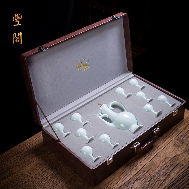 中式仿古酒具套装龙泉釉青瓷描金边镀银酒壶白酒高U脚酒杯高档礼