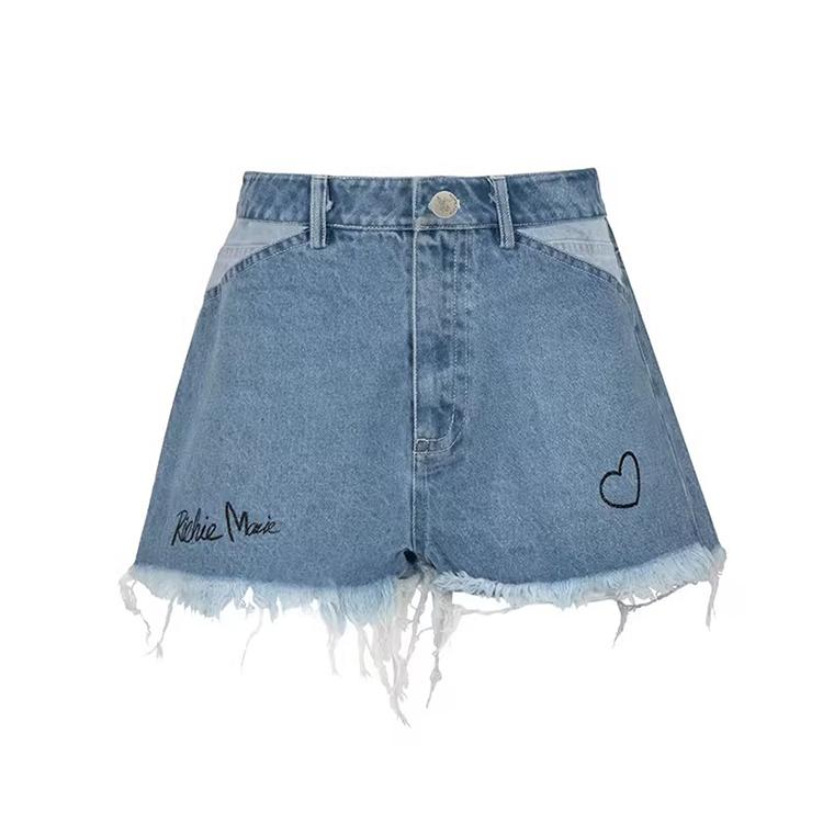 烫闪印花水洗牛仔短裤女