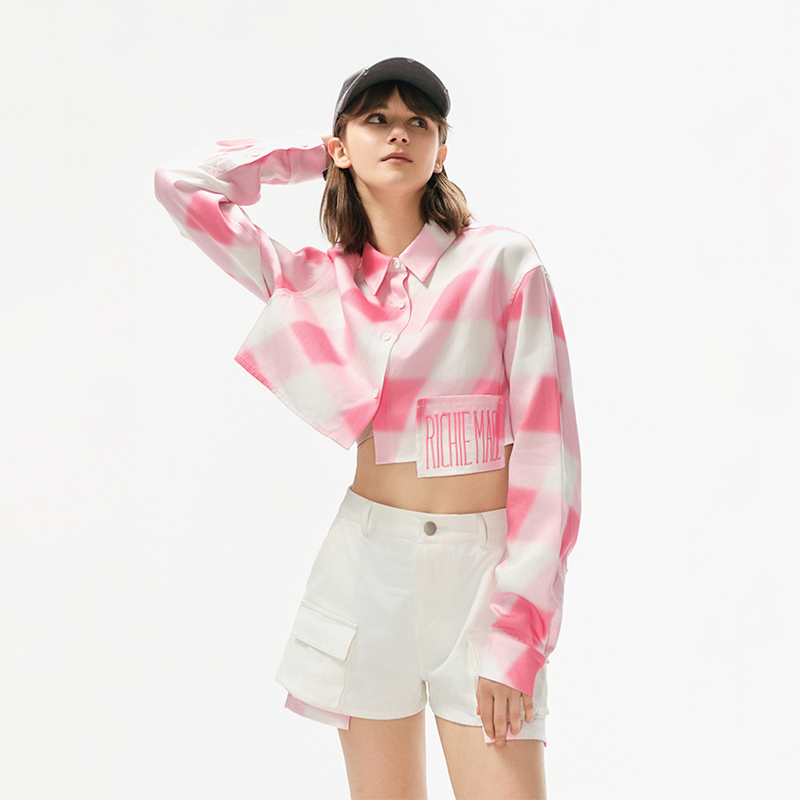 原创格纹短款宽松防晒衬衫女