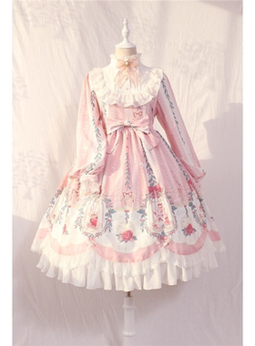 洛丽塔裙子 Lolita笼中梦柄蝴蝶结绑带蕾丝OP 长袖秋冬裙